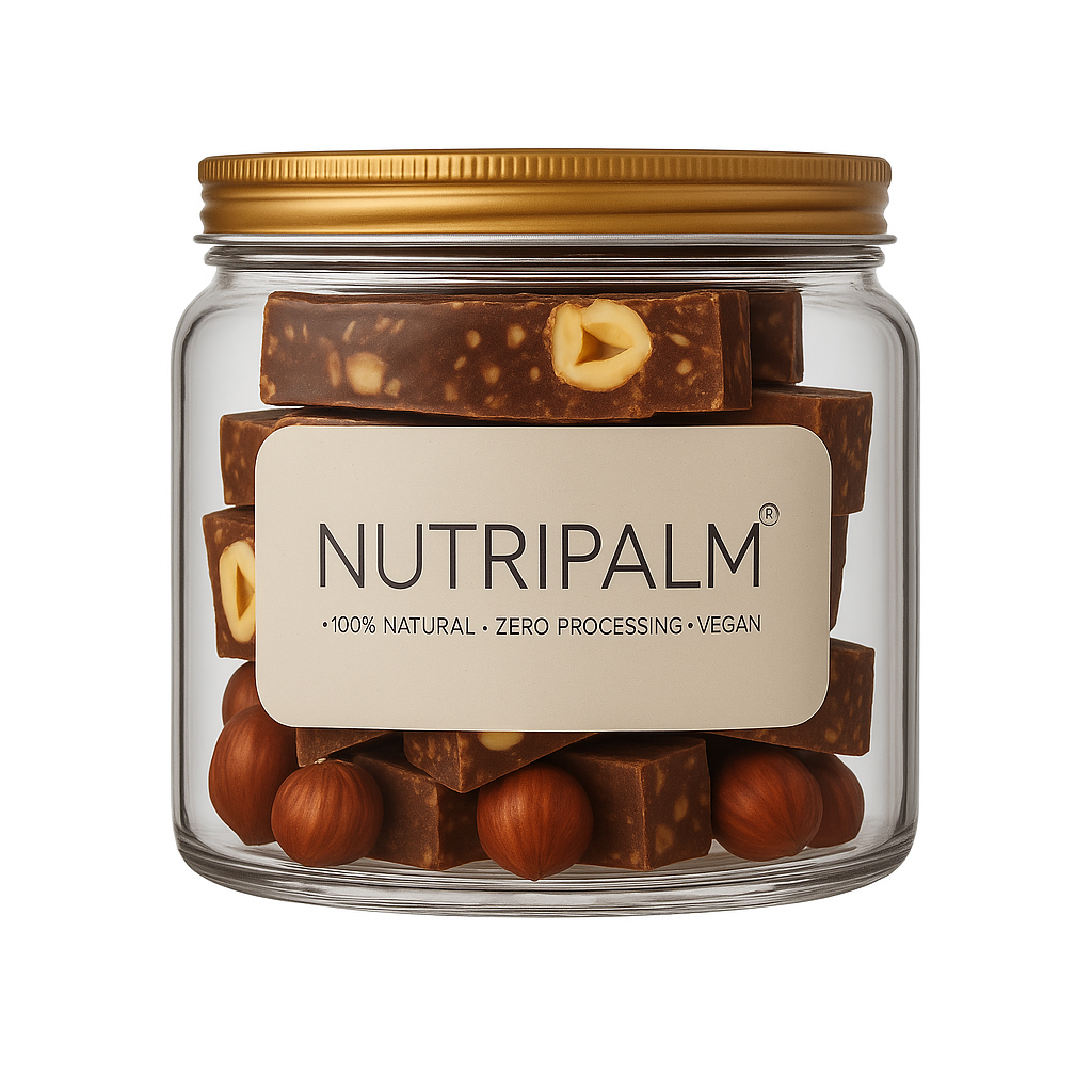 "NutriPalm Hazelnut Mocha Energy Bar – healthy vegan protein bar with hazelnuts, oats, coffee, and dates, perfect for energy and snacking"