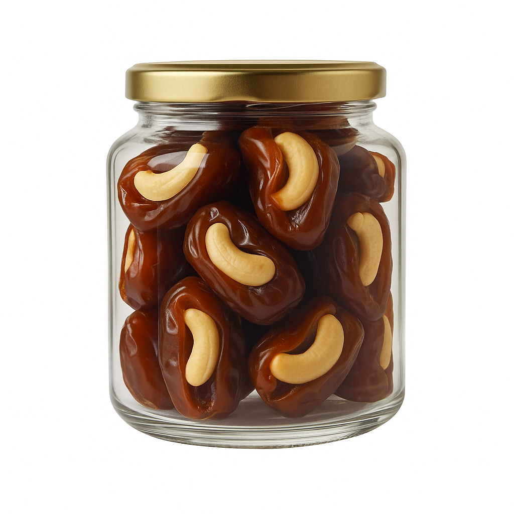 “NutriPalm Cashew Stuffed Dates in Premium Glass Jar – Healthy Dry Fruit Gift Pack”