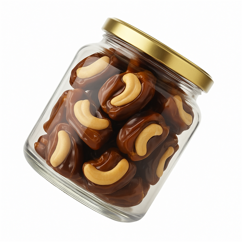 “NutriPalm Cashew Stuffed Dates in Premium Glass Jar – Healthy Dry Fruit Gift Pack”