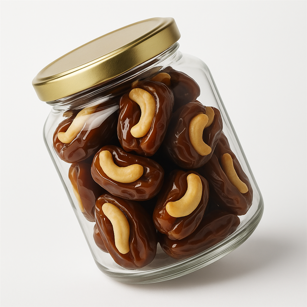 “NutriPalm Cashew Stuffed Dates in Premium Glass Jar – Healthy Dry Fruit Gift Pack”