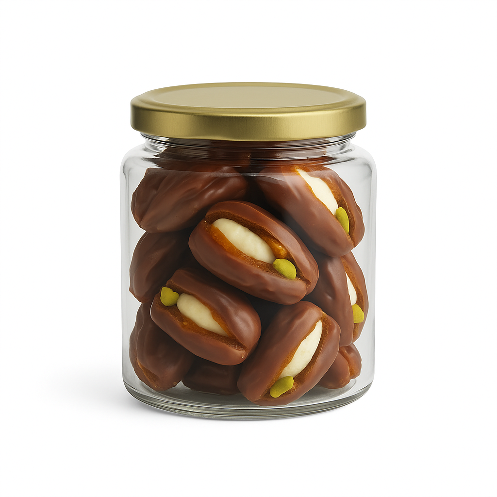 "NutriPalm Coconut Cream Stuffed Dates in premium glass jar – healthy gourmet stuffed dates with creamy coconut filling for gifting and snacking"