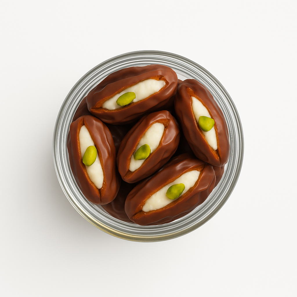 "NutriPalm Coconut Cream Stuffed Dates in premium glass jar – healthy gourmet stuffed dates with creamy coconut filling for gifting and snacking"