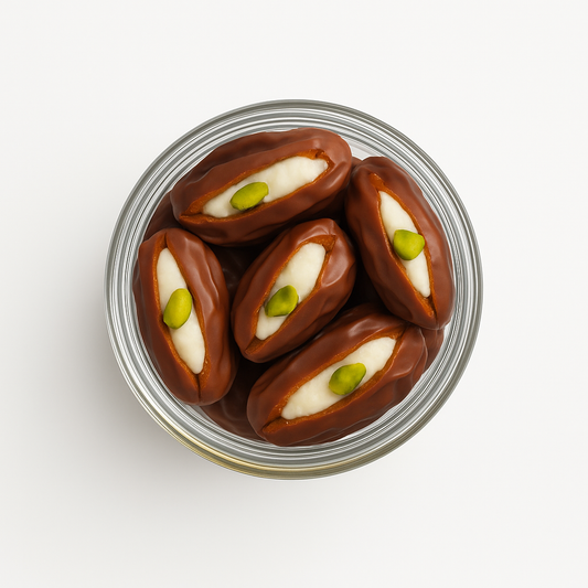 "NutriPalm Coconut Cream Stuffed Dates in premium glass jar – healthy gourmet stuffed dates with creamy coconut filling for gifting and snacking"