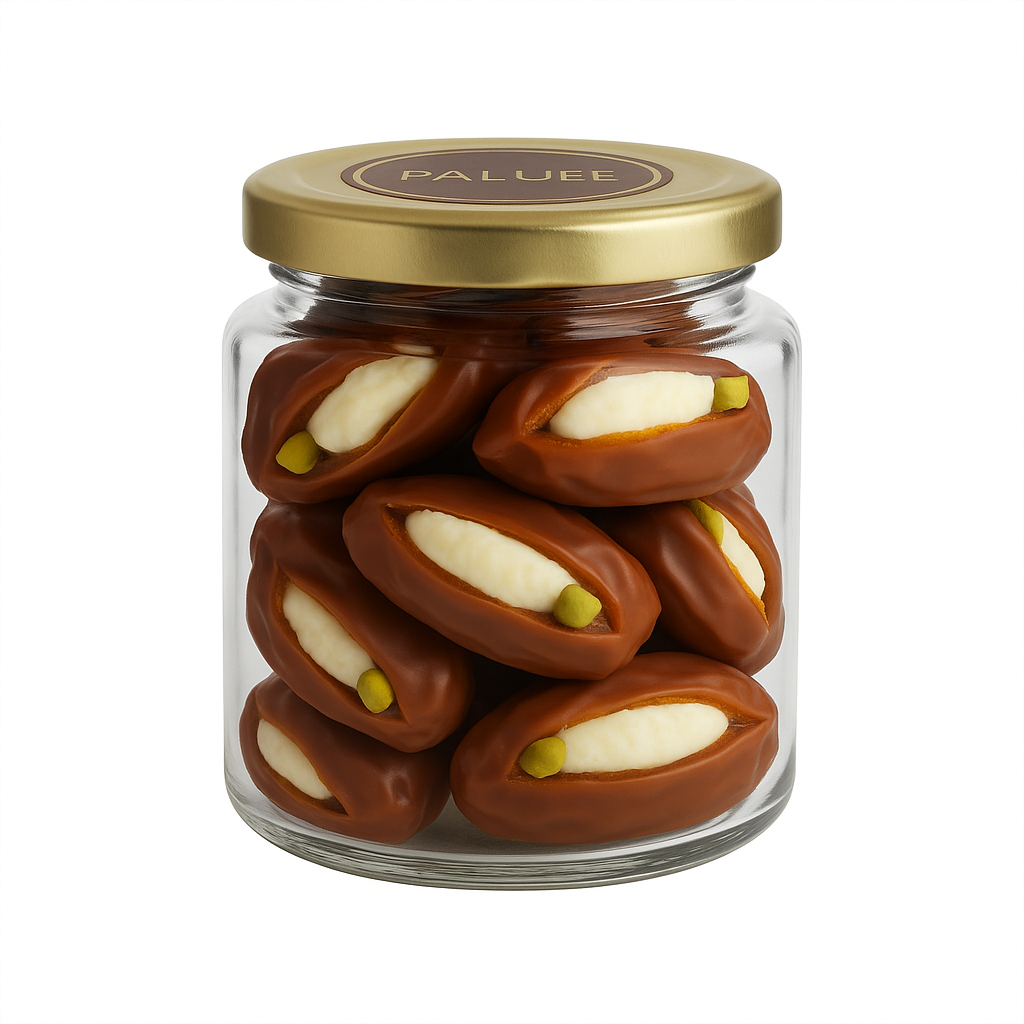 "NutriPalm Coconut Cream Stuffed Dates in premium glass jar – healthy gourmet stuffed dates with creamy coconut filling for gifting and snacking"