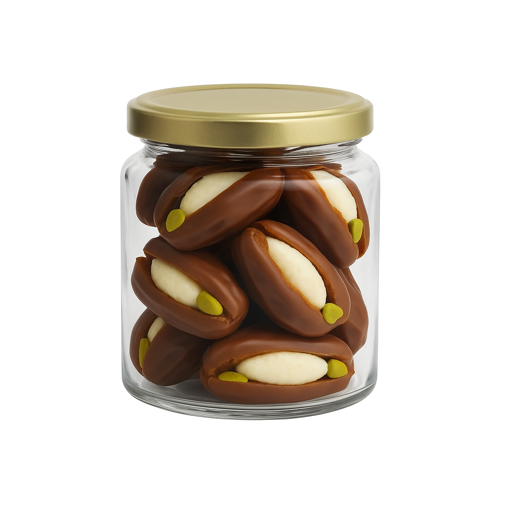 "NutriPalm Coconut Cream Stuffed Dates in premium glass jar – healthy gourmet stuffed dates with creamy coconut filling for gifting and snacking"