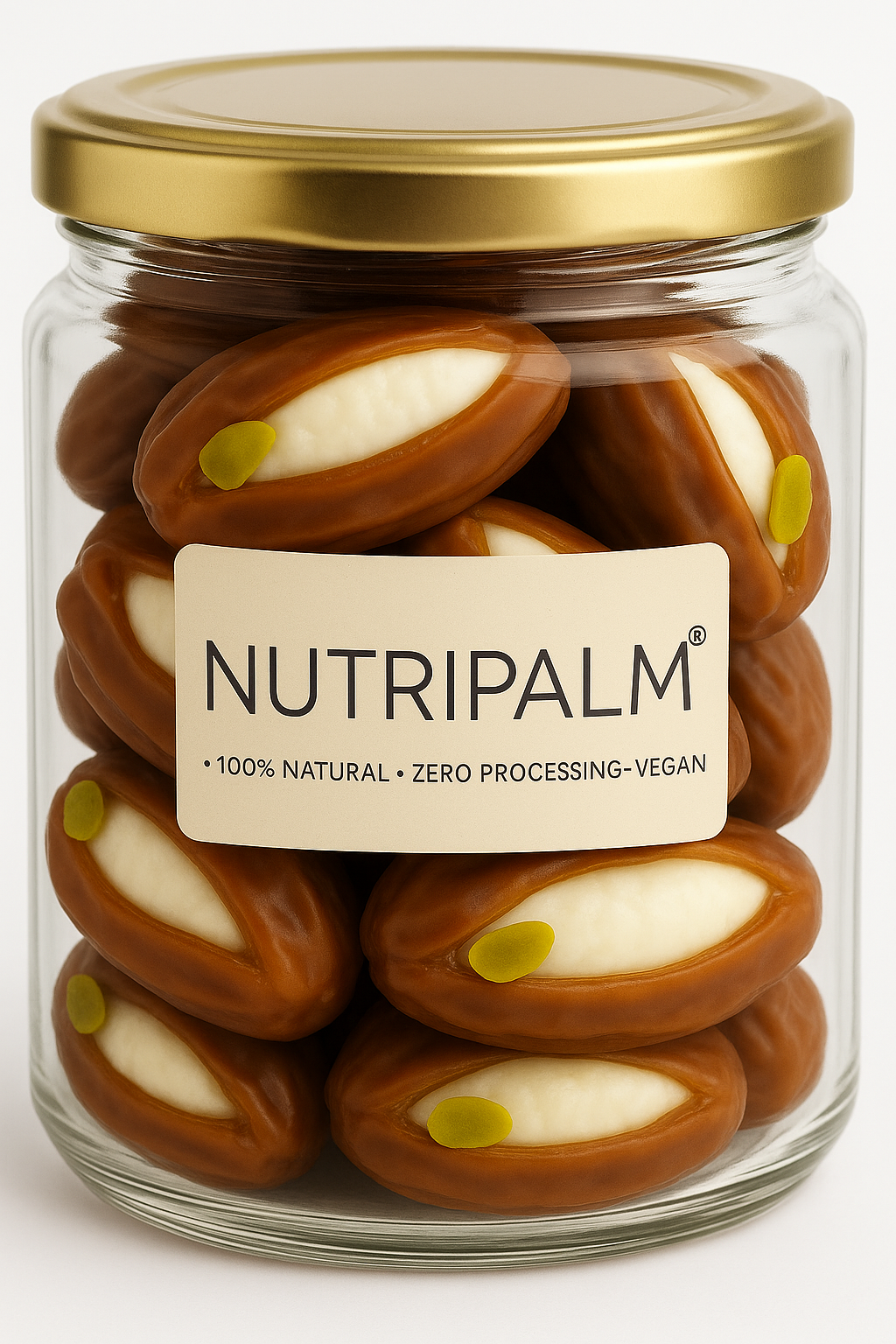 "NutriPalm Coconut Cream Stuffed Dates in premium glass jar – healthy gourmet stuffed dates with creamy coconut filling for gifting and snacking"
