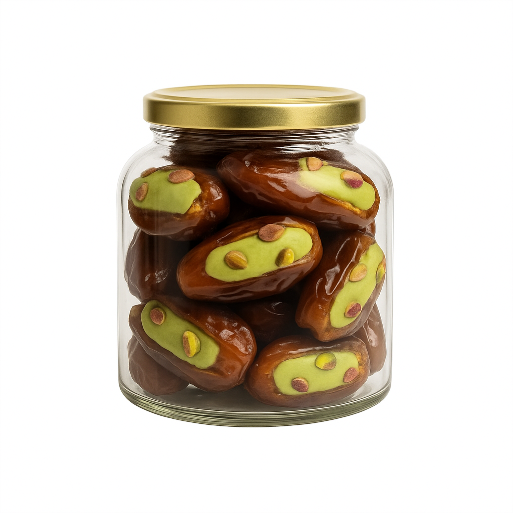 "NutriPalm Pistachio Stuffed Dates in a premium glass jar – gourmet dates filled with rich pistachio cream, healthy luxury sweets for gifting and snacking"