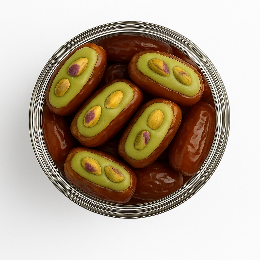 "NutriPalm Pistachio Stuffed Dates in a premium glass jar – gourmet dates filled with rich pistachio cream, healthy luxury sweets for gifting and snacking"