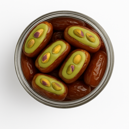 "NutriPalm Pistachio Stuffed Dates in a premium glass jar – gourmet dates filled with rich pistachio cream, healthy luxury sweets for gifting and snacking"