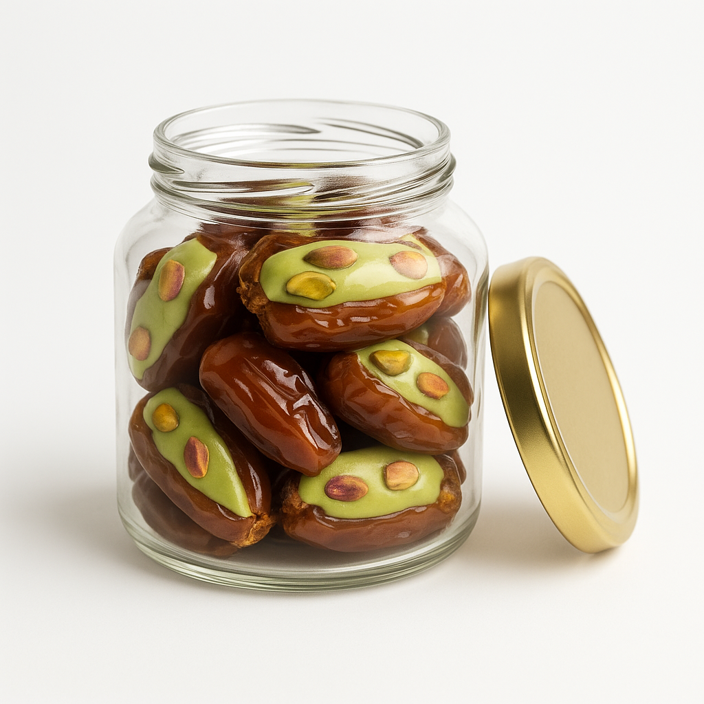 "NutriPalm Pistachio Stuffed Dates in a premium glass jar – gourmet dates filled with rich pistachio cream, healthy luxury sweets for gifting and snacking"