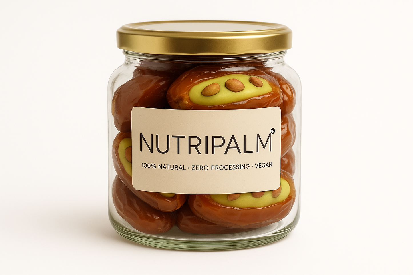 "NutriPalm Pistachio Stuffed Dates in a premium glass jar – gourmet dates filled with rich pistachio cream, healthy luxury sweets for gifting and snacking"
