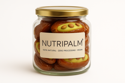 "NutriPalm Pistachio Stuffed Dates in a premium glass jar – gourmet dates filled with rich pistachio cream, healthy luxury sweets for gifting and snacking"