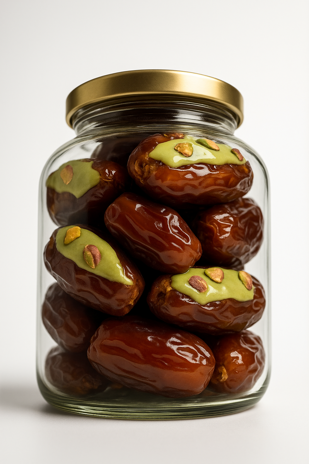 "NutriPalm Pistachio Stuffed Dates in a premium glass jar – gourmet dates filled with rich pistachio cream, healthy luxury sweets for gifting and snacking"