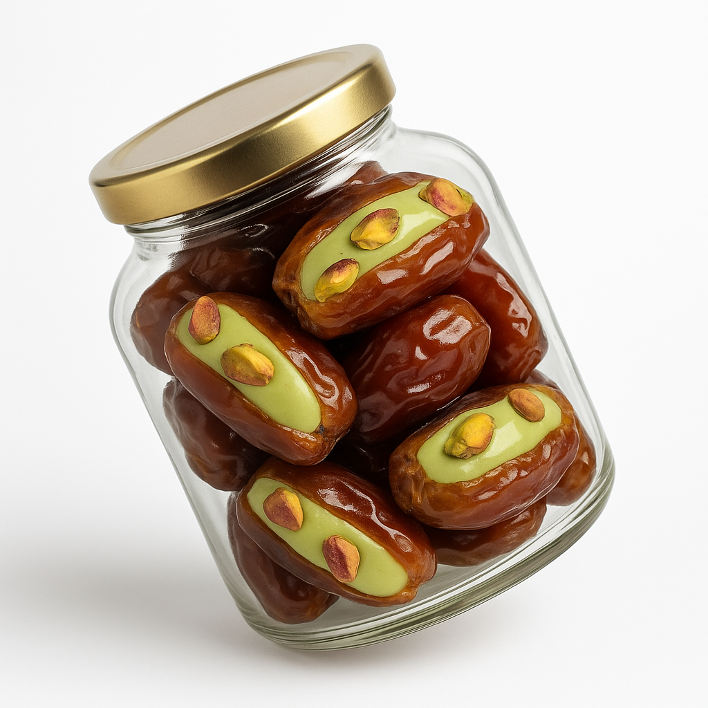 "NutriPalm Pistachio Stuffed Dates in a premium glass jar – gourmet dates filled with rich pistachio cream, healthy luxury sweets for gifting and snacking"
