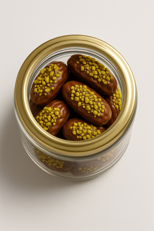 "NutriPalm premium pistachio coated stuffed dates in glass jar – healthy gourmet sweet and luxury gift pack"