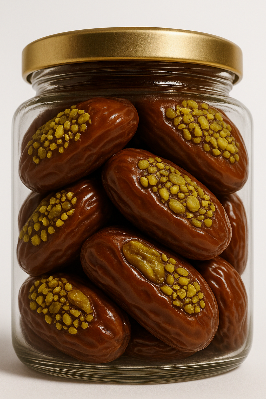 "NutriPalm premium pistachio coated stuffed dates in glass jar – healthy gourmet sweet and luxury gift pack"