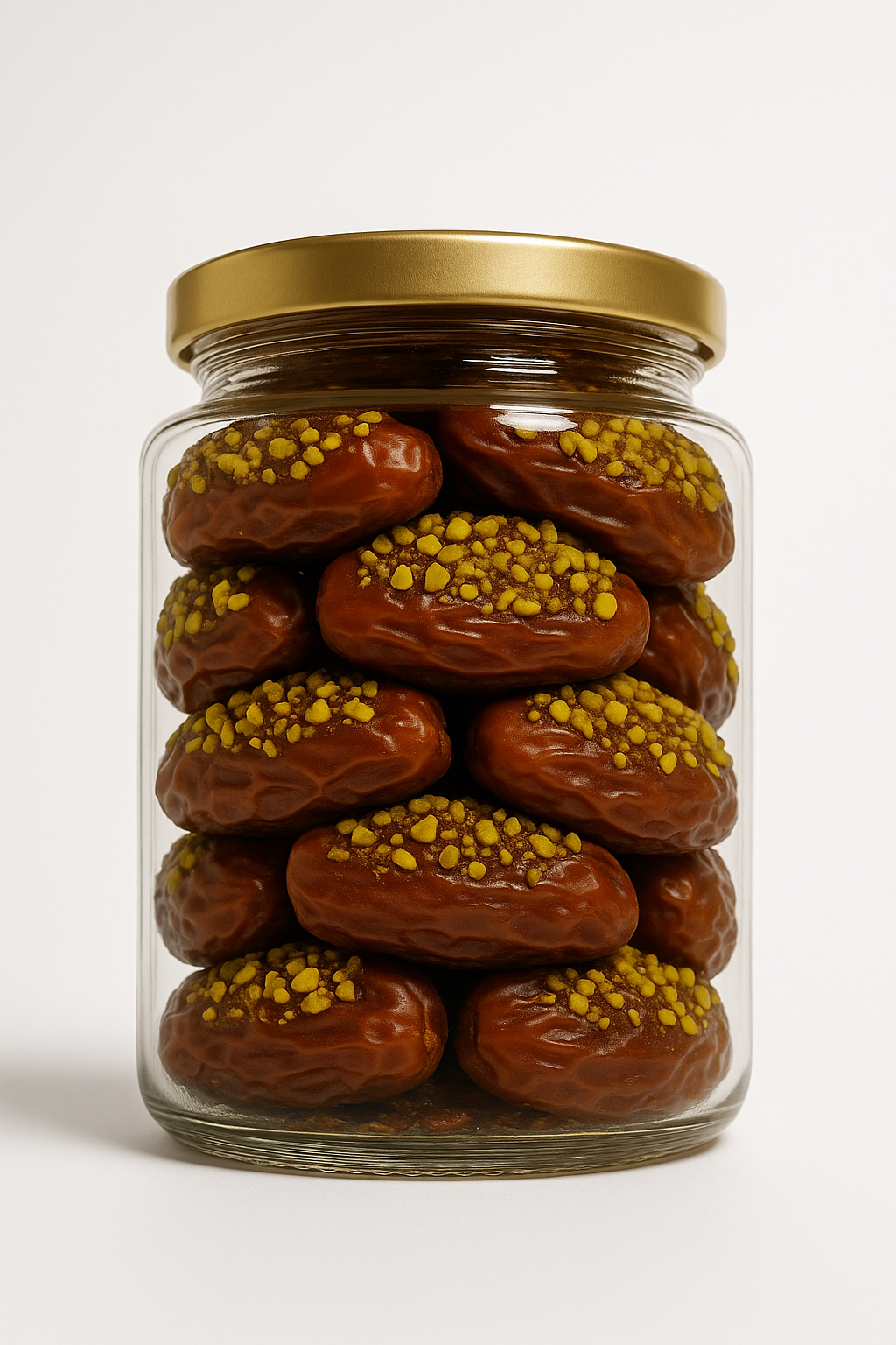 "NutriPalm premium pistachio coated stuffed dates in glass jar – healthy gourmet sweet and luxury gift pack"