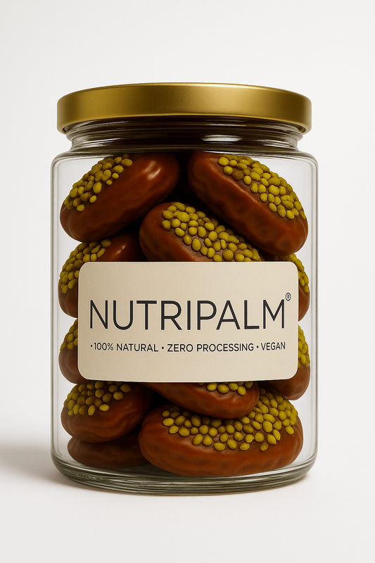 "NutriPalm premium pistachio coated stuffed dates in glass jar – healthy gourmet sweet and luxury gift pack"