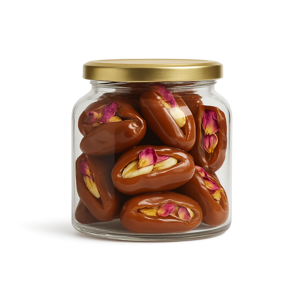 "NutriPalm Rose & Pistachio Stuffed Dates – premium gourmet dates filled with pistachio cream and rose flavor, 100% natural, vegan, and healthy snack"