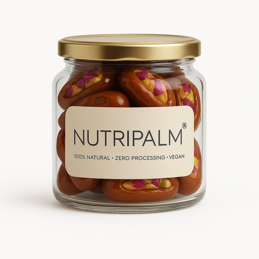 "NutriPalm Rose & Pistachio Stuffed Dates – premium gourmet dates filled with pistachio cream and rose flavor, 100% natural, vegan, and healthy snack"