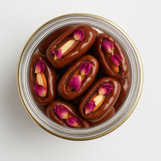 "NutriPalm Rose & Pistachio Stuffed Dates – premium gourmet dates filled with pistachio cream and rose flavor, 100% natural, vegan, and healthy snack"