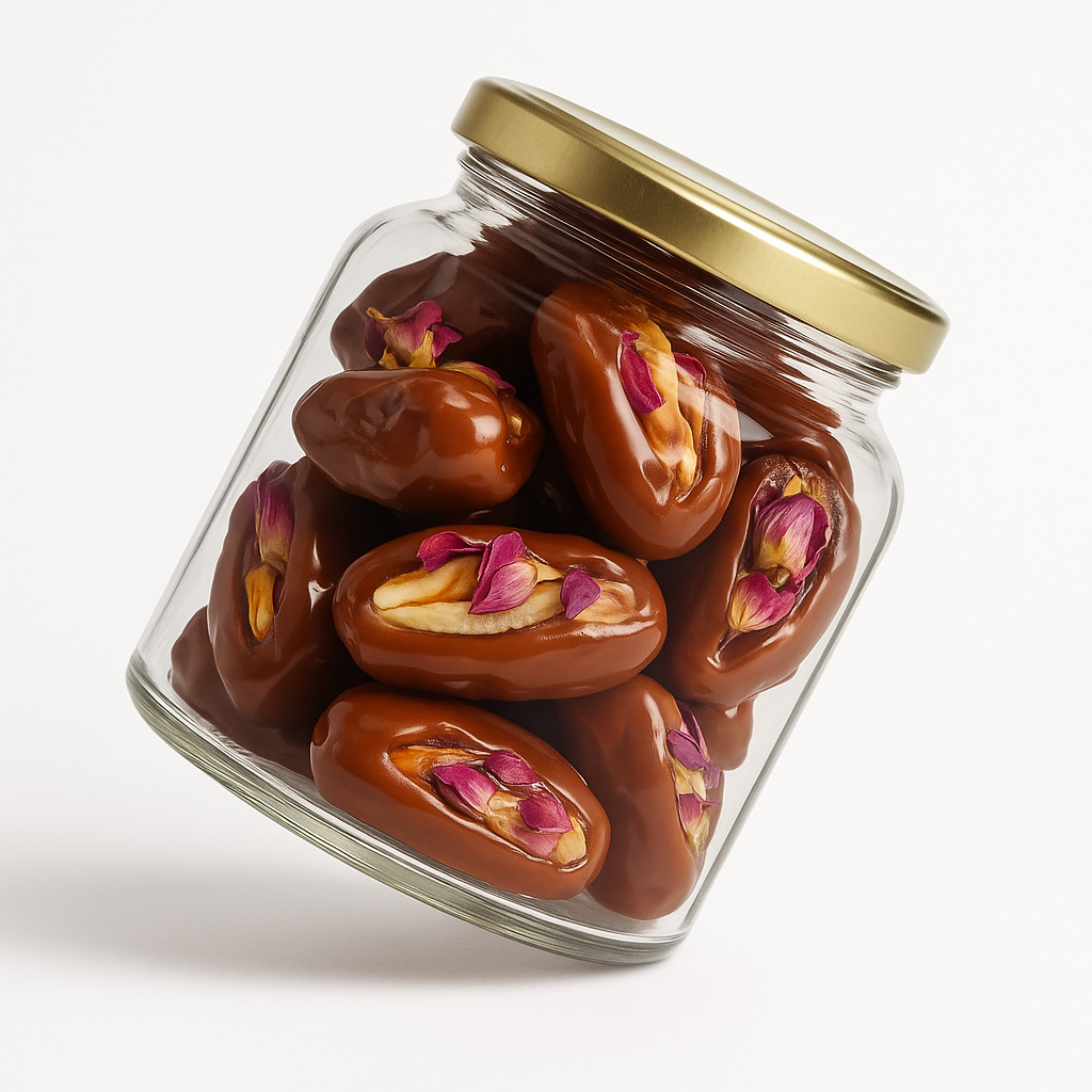 "NutriPalm Rose & Pistachio Stuffed Dates – premium gourmet dates filled with pistachio cream and rose flavor, 100% natural, vegan, and healthy snack"