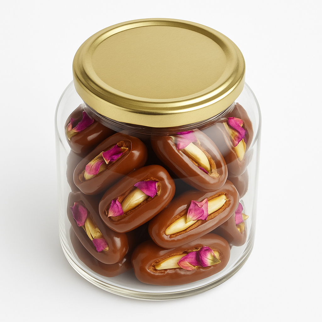"NutriPalm Rose & Pistachio Stuffed Dates – premium gourmet dates filled with pistachio cream and rose flavor, 100% natural, vegan, and healthy snack"