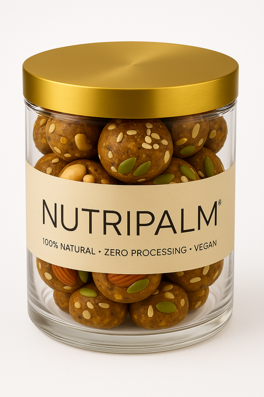 NutriPalm Dry Fruit Power Ladoo – 100% natural vegan energy balls made with almonds, cashews, pistachios, seeds, and dates. Healthy protein-rich snack with no refined sugar or preservatives.
