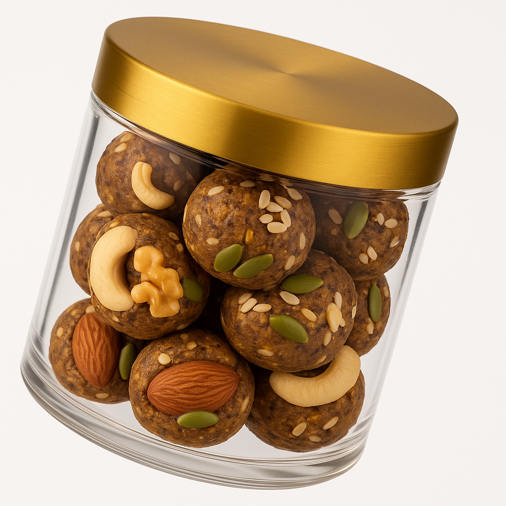 NutriPalm Dry Fruit Power Ladoo – 100% natural vegan energy balls made with almonds, cashews, pistachios, seeds, and dates. Healthy protein-rich snack with no refined sugar or preservatives.