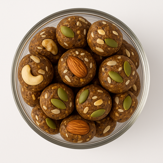 NutriPalm Dry Fruit Power Ladoo – 100% natural vegan energy balls made with almonds, cashews, pistachios, seeds, and dates. Healthy protein-rich snack with no refined sugar or preservatives.