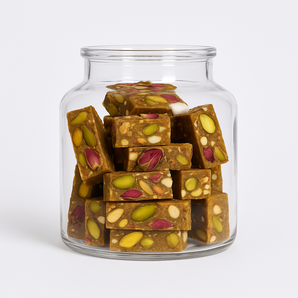 “NutriPalm Pistachio Rose Protein Bar – healthy gourmet energy bar with pistachios and natural rose flavor, a luxurious protein snack.”
