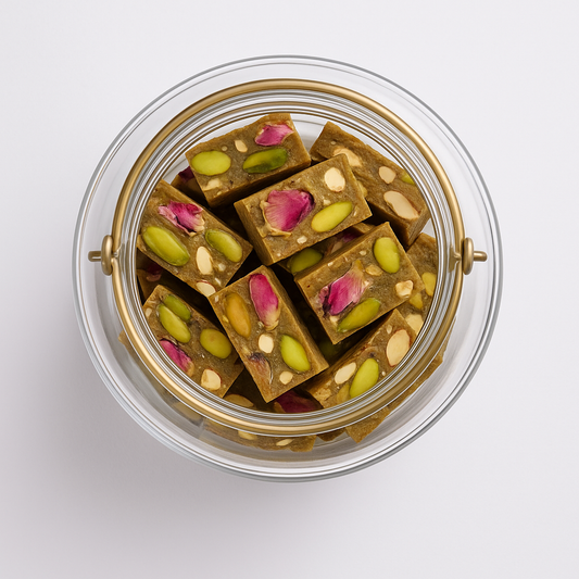“NutriPalm Pistachio Rose Protein Bar – healthy gourmet energy bar with pistachios and natural rose flavor, a luxurious protein snack.”