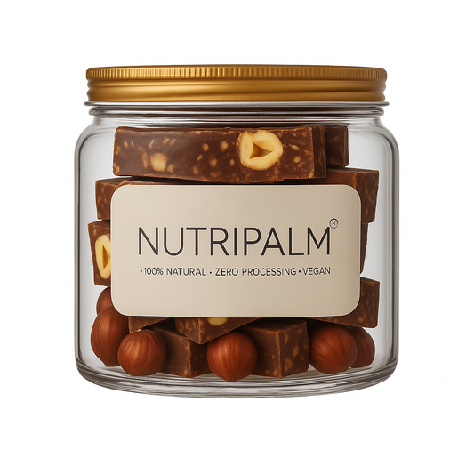 "NutriPalm Hazelnut Mocha Energy Bar – healthy vegan protein bar with hazelnuts, oats, coffee, and dates, perfect for energy and snacking"