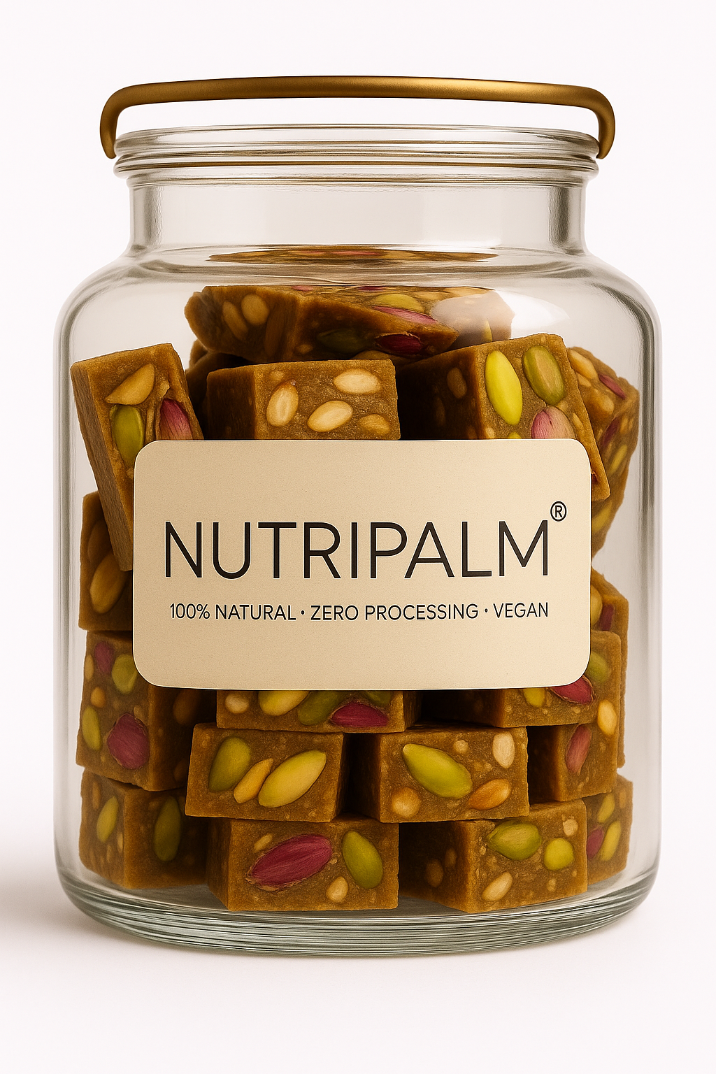 “NutriPalm Pistachio Rose Protein Bar – healthy gourmet energy bar with pistachios and natural rose flavor, a luxurious protein snack.”