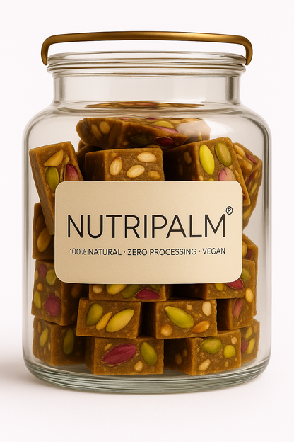 “NutriPalm Pistachio Rose Protein Bar – healthy gourmet energy bar with pistachios and natural rose flavor, a luxurious protein snack.”