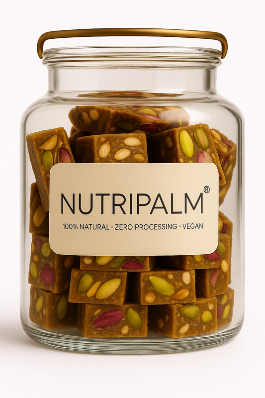 “NutriPalm Pistachio Rose Protein Bar – healthy gourmet energy bar with pistachios and natural rose flavor, a luxurious protein snack.”