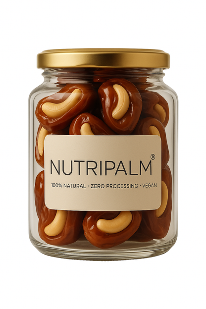 “NutriPalm Cashew Stuffed Dates in Premium Glass Jar – Healthy Dry Fruit Gift Pack”