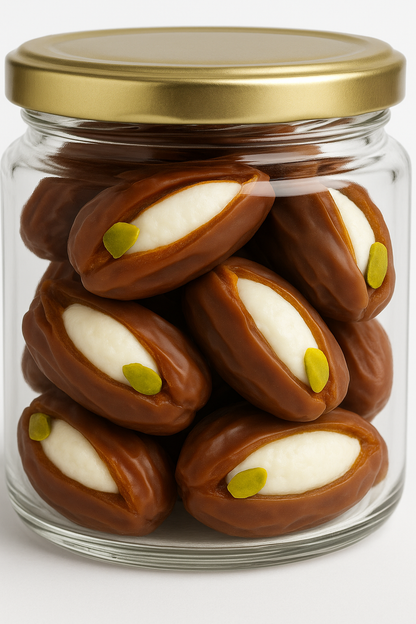 "NutriPalm Coconut Cream Stuffed Dates in premium glass jar – healthy gourmet stuffed dates with creamy coconut filling for gifting and snacking"