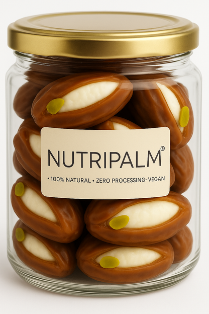 "NutriPalm Coconut Cream Stuffed Dates in premium glass jar – healthy gourmet stuffed dates with creamy coconut filling for gifting and snacking"