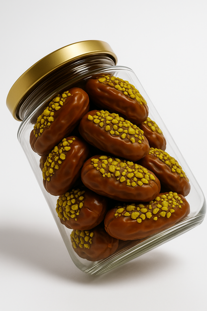 "NutriPalm premium pistachio coated stuffed dates in glass jar – healthy gourmet sweet and luxury gift pack"