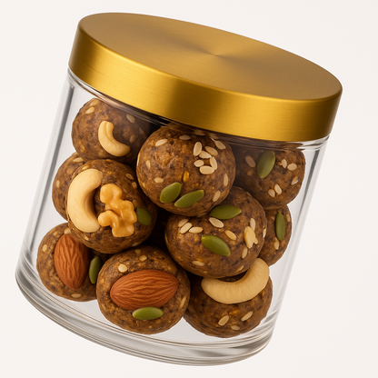 NutriPalm Dry Fruit Power Ladoo – 100% natural vegan energy balls made with almonds, cashews, pistachios, seeds, and dates. Healthy protein-rich snack with no refined sugar or preservatives.