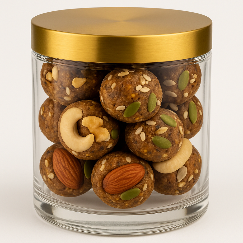 NutriPalm Dry Fruit Power Ladoo – 100% natural vegan energy balls made with almonds, cashews, pistachios, seeds, and dates. Healthy protein-rich snack with no refined sugar or preservatives.