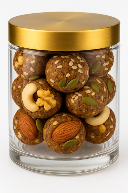 NutriPalm Dry Fruit Power Ladoo – 100% natural vegan energy balls made with almonds, cashews, pistachios, seeds, and dates. Healthy protein-rich snack with no refined sugar or preservatives.