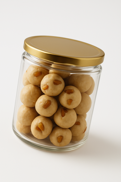“NutriPalm Cashew Coconut Laddoos – creamy cashew and coconut sweets made with natural ingredients, dates, and jaggery.”

