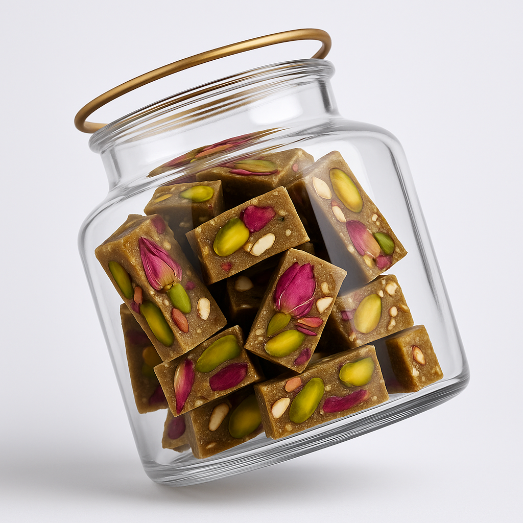 “NutriPalm Pistachio Rose Protein Bar – healthy gourmet energy bar with pistachios and natural rose flavor, a luxurious protein snack.”