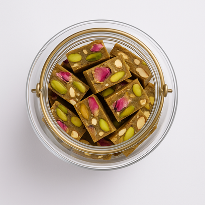 “NutriPalm Pistachio Rose Protein Bar – healthy gourmet energy bar with pistachios and natural rose flavor, a luxurious protein snack.”
